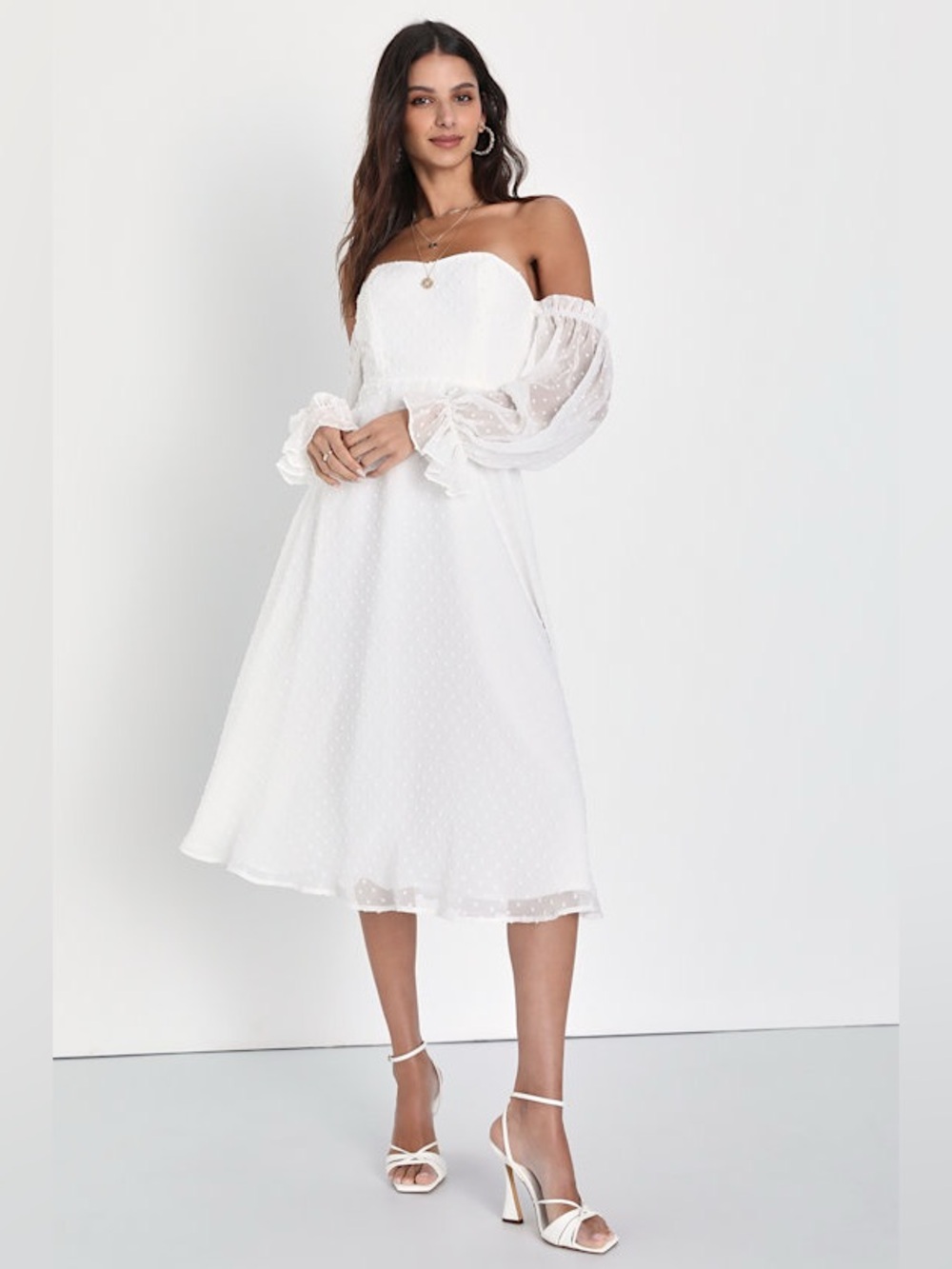 Lulu's White Swiss Dot Off-Shoulder Midi Dress